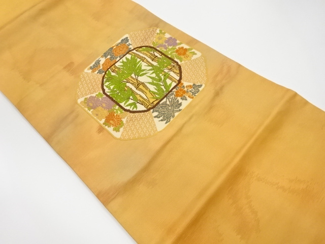 リサイクル　竹に花々模様織出し名古屋帯